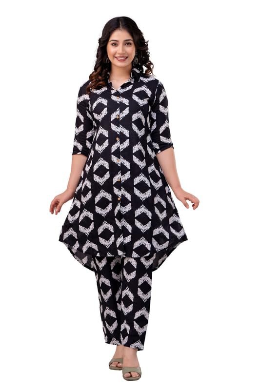 Version 1.0.0 Women's Printed Black Cord-Set Kurta with Pant, Easy to Wear, Lightweight, Breathable, Stylish & Comfortable, All-Day Comfort and Durability_S - Image 1