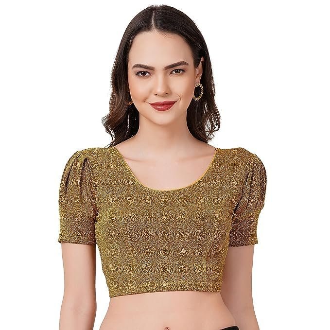 Version 1.0.0 Readymade Shining Lycra Stretchable Round Neck Half Sleeve Blouses || Womens Mettalic Stretchable Readymade Blouses - Image 1